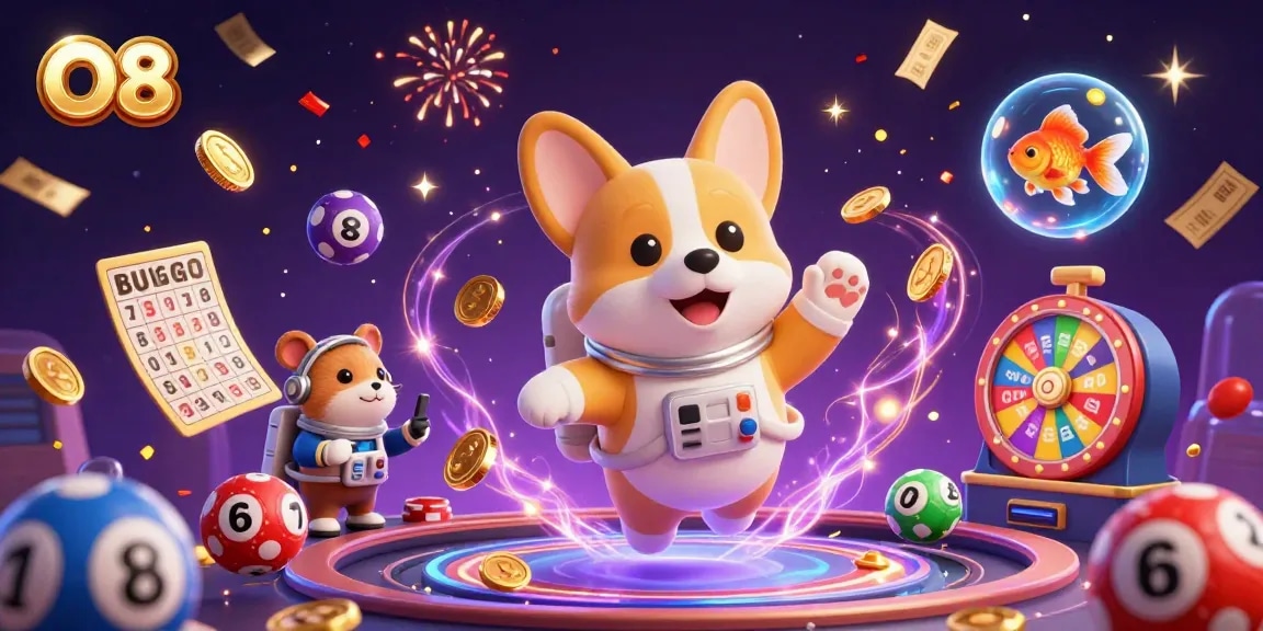 Experience thrilling gaming at O8 with a floating corgi astronaut amidst vibrant casino elements.