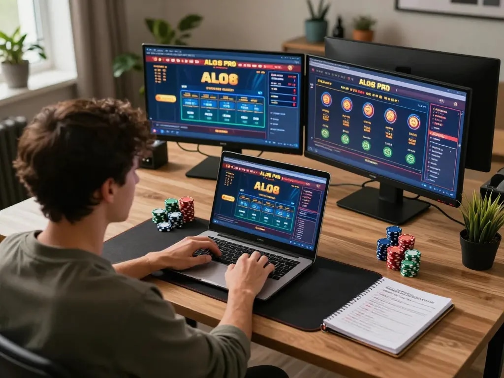 Engaging player immersed in ALO8 PRO online casino games from home, displaying strategic gameplay.