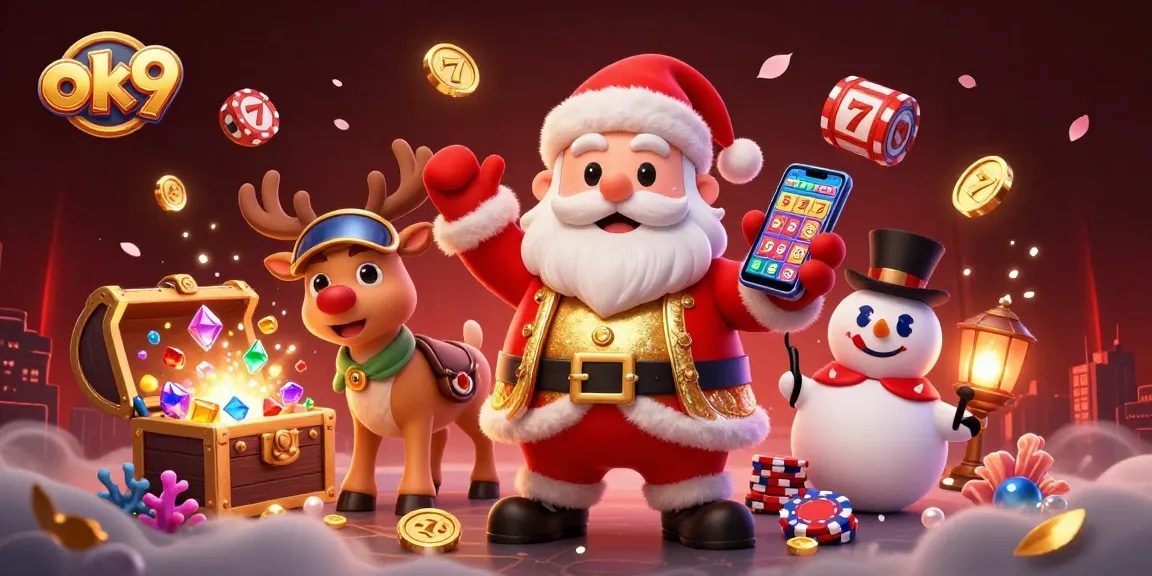 Spin to win with ok9, showcasing a dazzling casino scene filled with jackpots and playful characters.