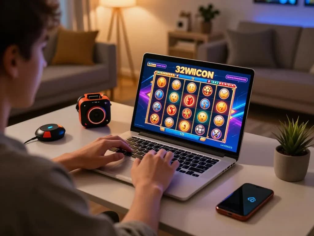 Player enjoying 32win con slots in a cozy home gaming setup, showcasing vibrant graphics and strategic gameplay.