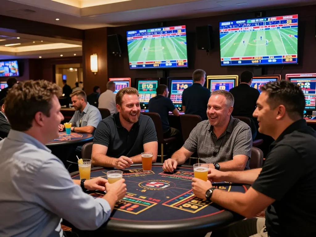 Excited players placing bets on SC88 sports matches in a vibrant casino atmosphere