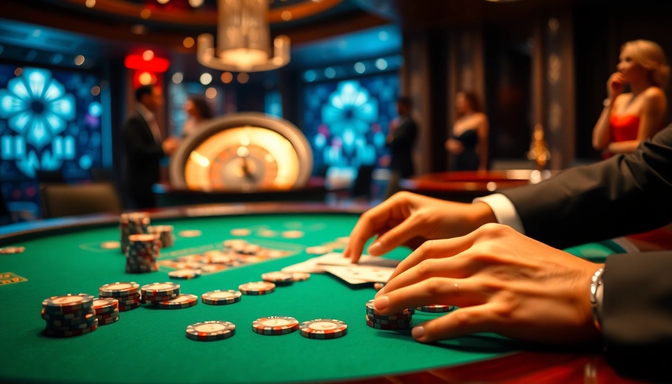 Experience thrilling gameplay at https://luongsontv5.com/ with a luxurious casino atmosphere featuring poker tables and high-stakes excitement.