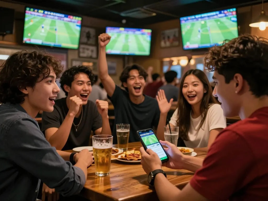 Engaging atmosphere at a sports bar with friends checking keonhacai live betting odds during a game.