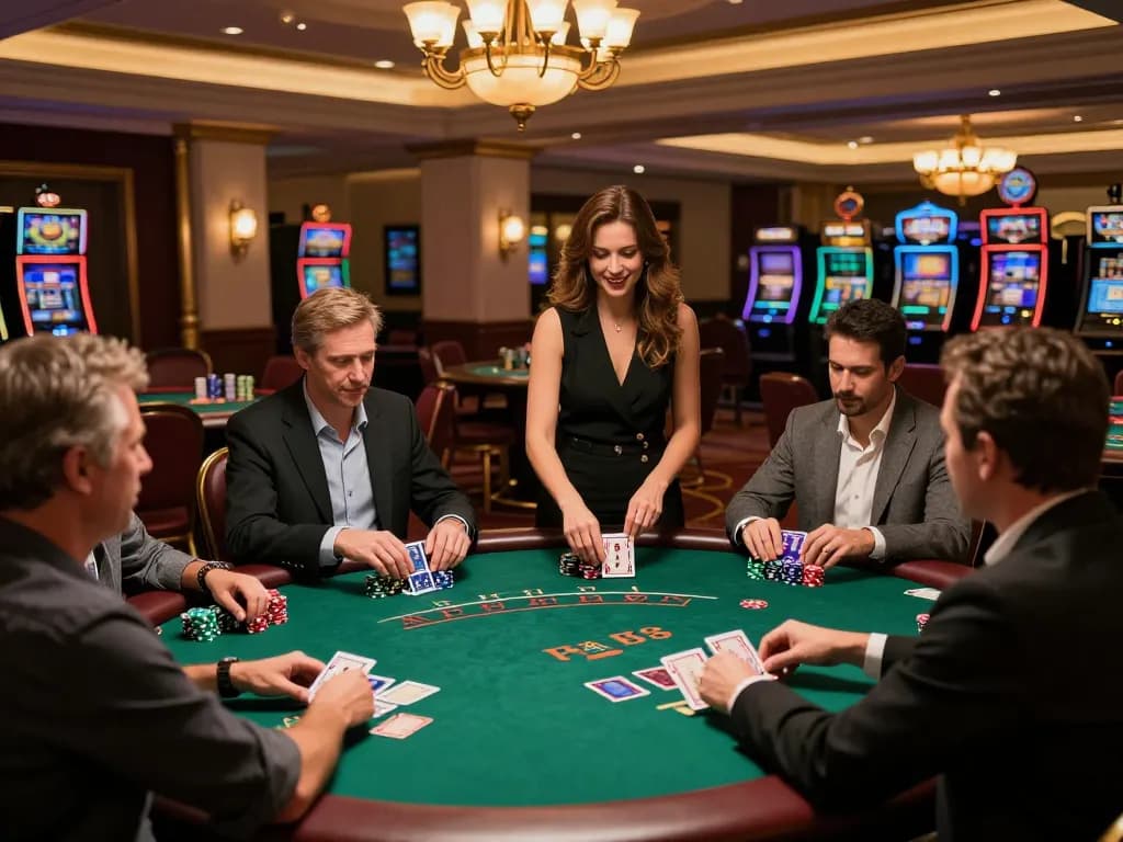 Sunwin blackjack players strategizing at a luxurious casino table, showing excitement and engagement.