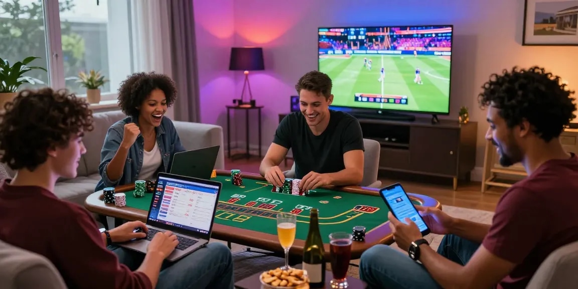 Exciting group gaming experience with friends enjoying 123 b online casino games in a vibrant living room.