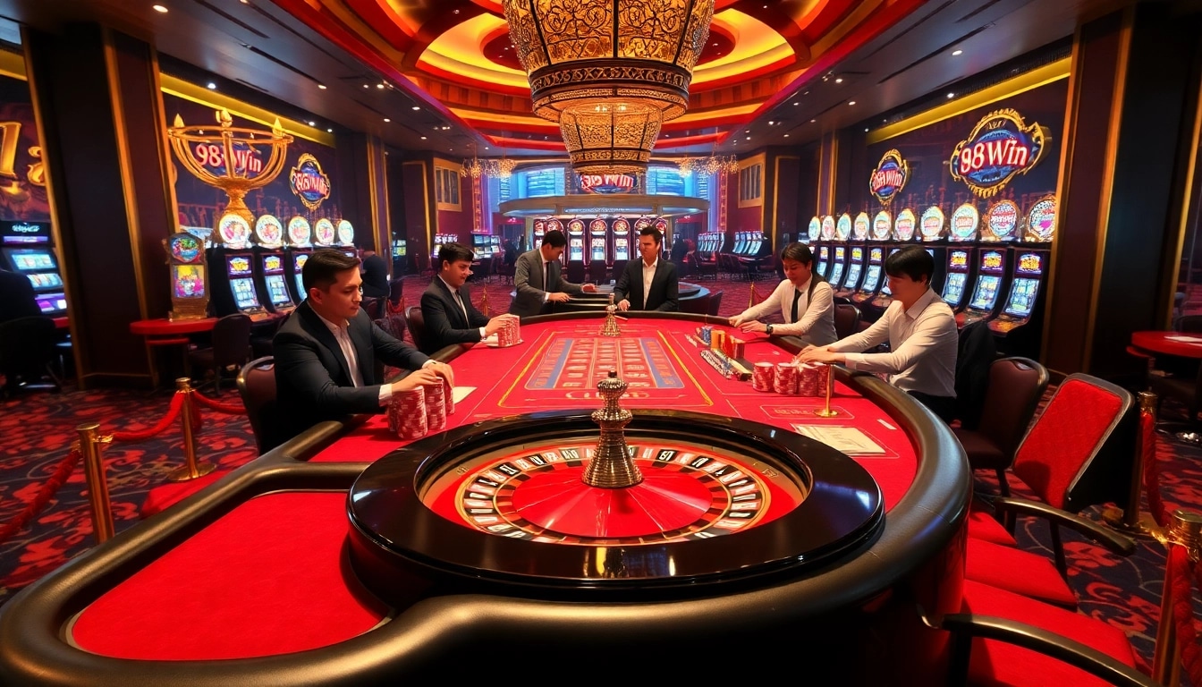 Action-packed casino scene showcasing thrilling games at 98win, with professional croupiers and excited players.