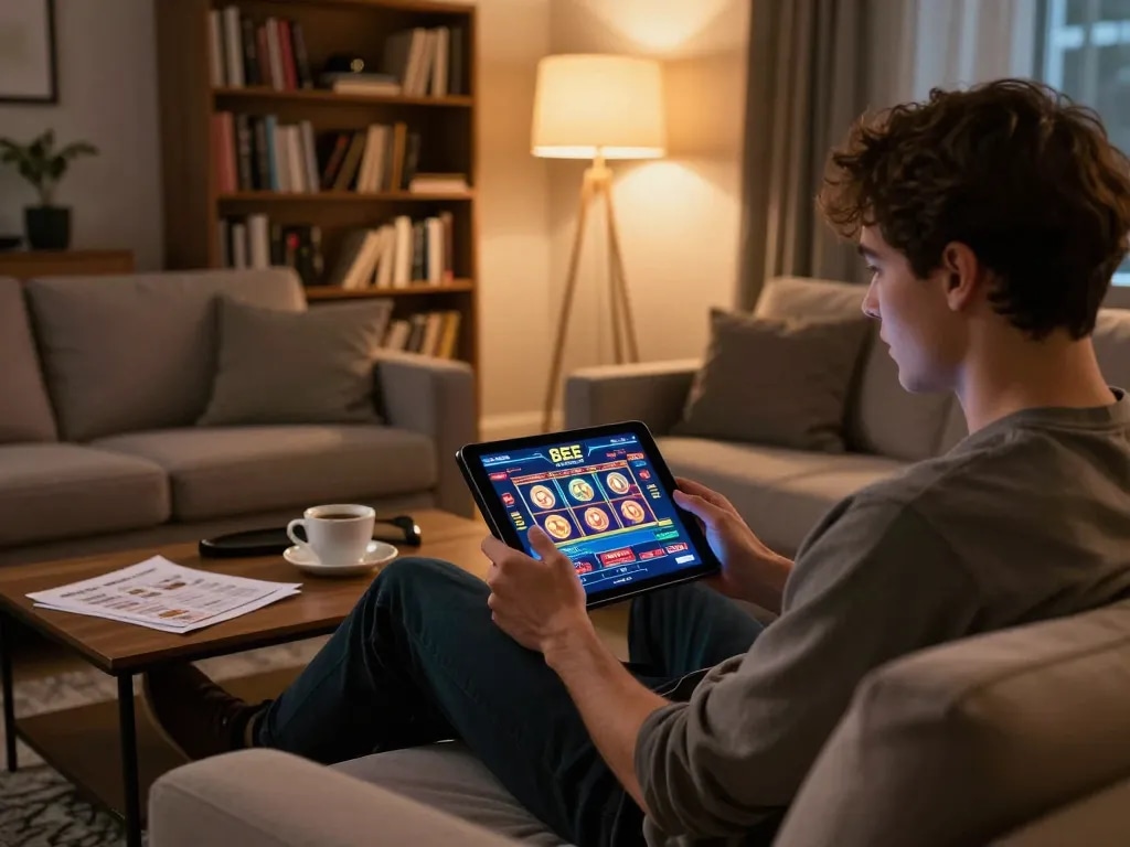 Engaging gameplay on 8EEE plataforma from the comfort of home, player focused on exciting casino action