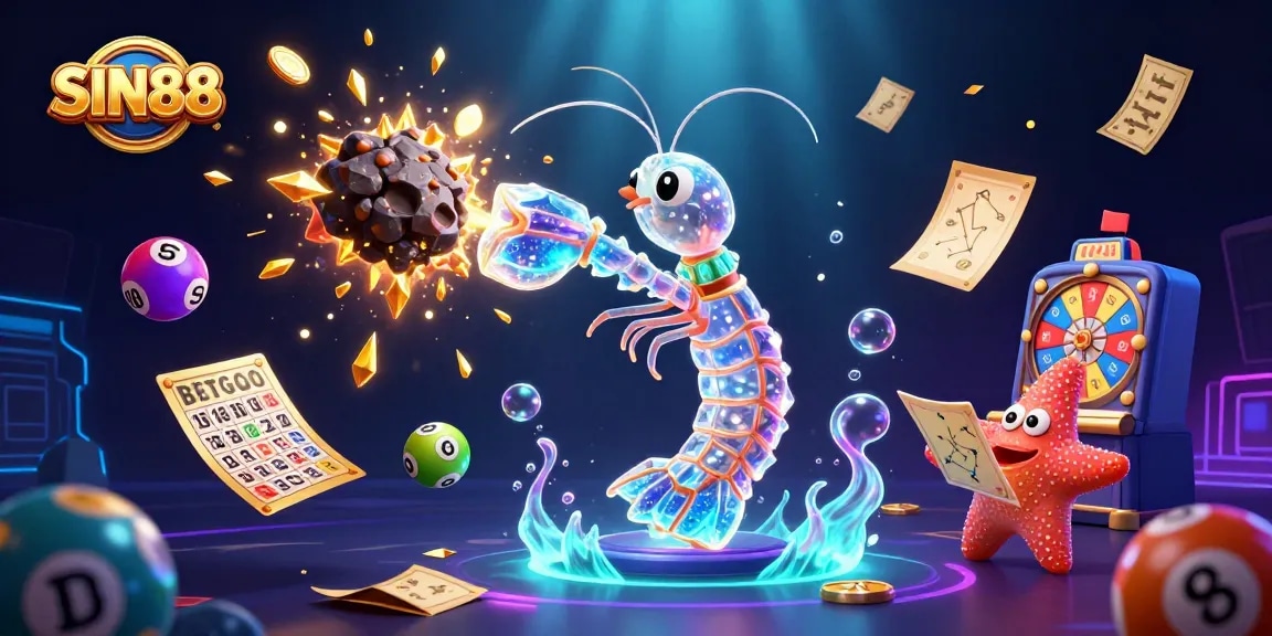 SIN88 offers a galactic gambling experience with vibrant elements like lottery balls and golden tickets in 3D.