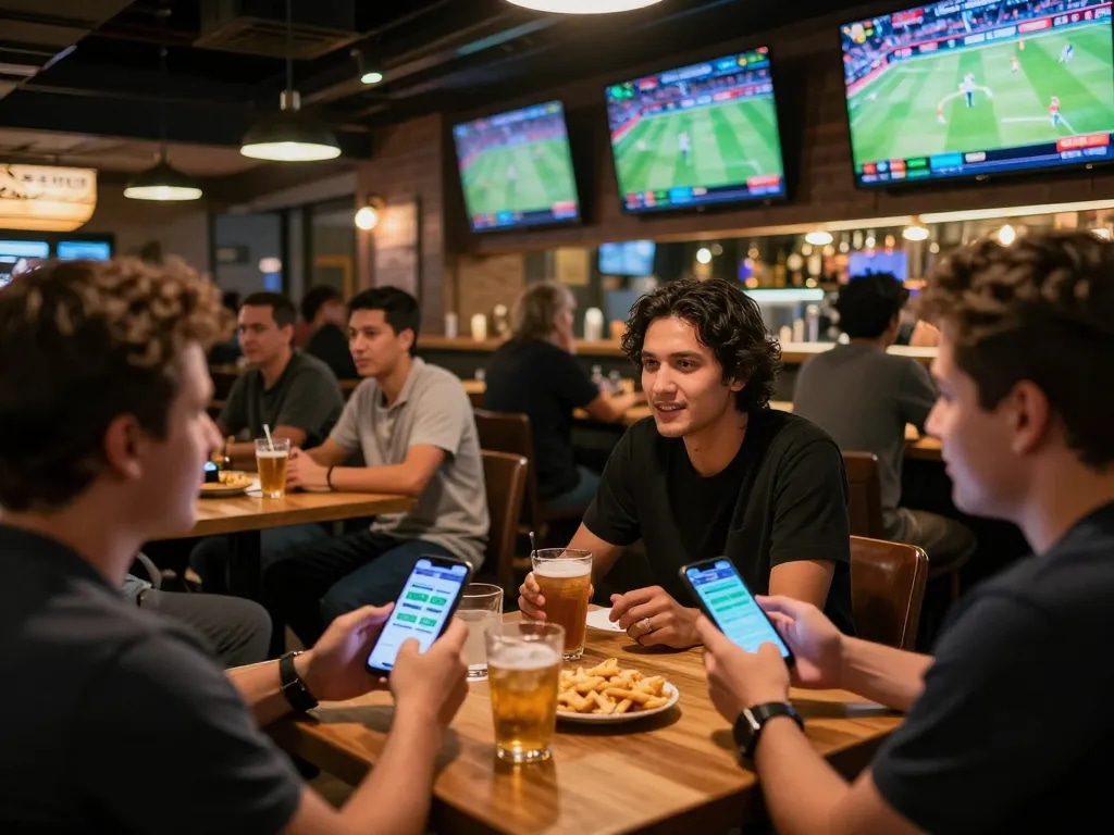 Engaged sports bettors using apps and watching live events, enhancing their Keo nha cai 5 strategies.