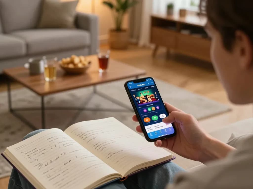 Engaging with the Winbd.io app on a smartphone in a cozy home setting, showcasing a relaxing gaming experience.
