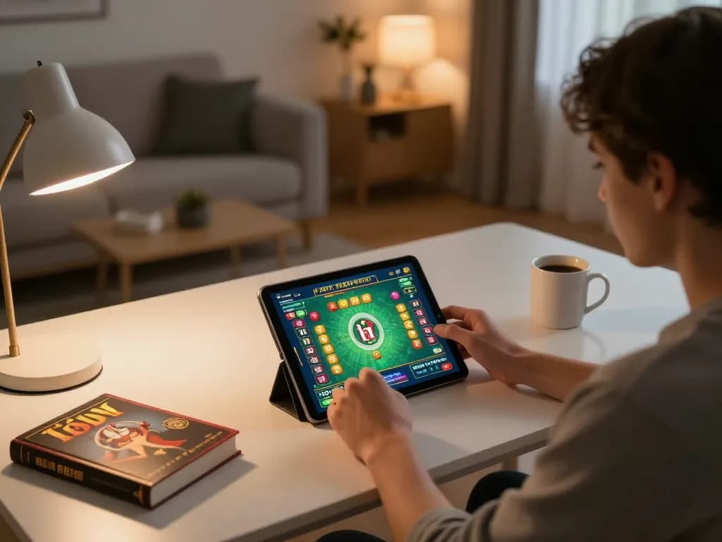 Engaged player exploring danh lo de online game on tablet in cozy home setup
