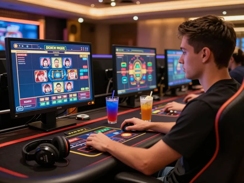 Engaged player using NHÀ CÁI LUCK8 at home with multiple screens for immersive online gaming experience.