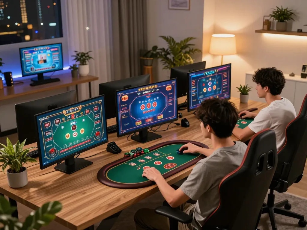 Engaging online casino gaming scene on 33win, showing strategic player analyzing poker hands.