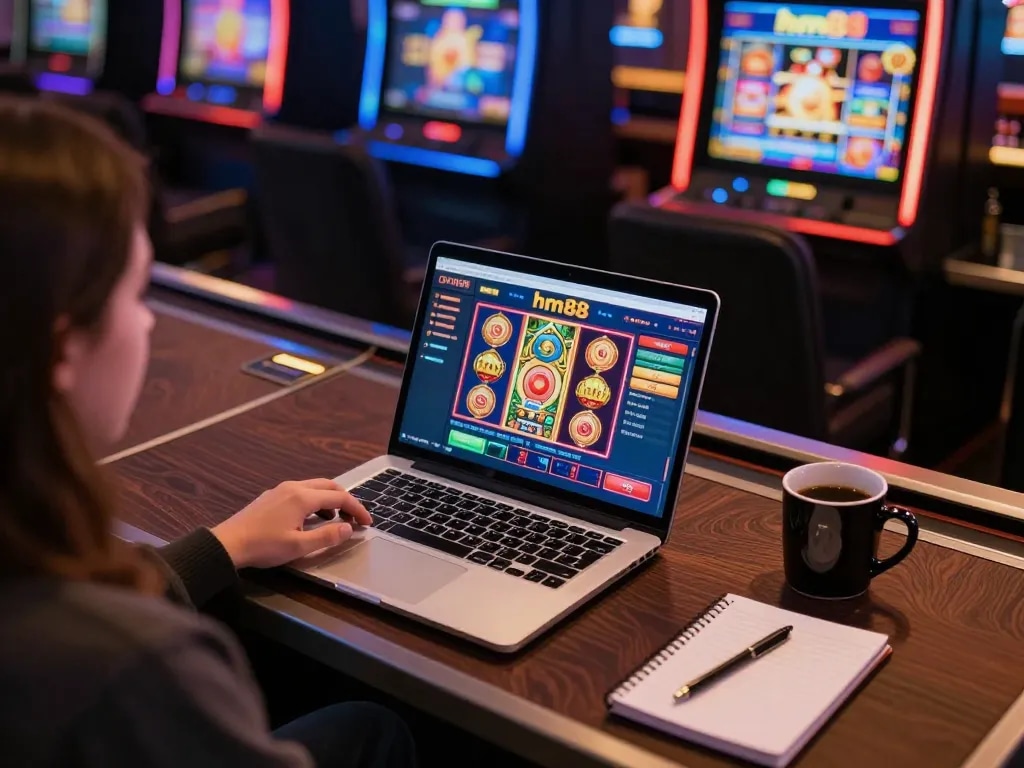 Engaging hm88 online gaming setup featuring a cozy atmosphere with laptop and strategic notes.