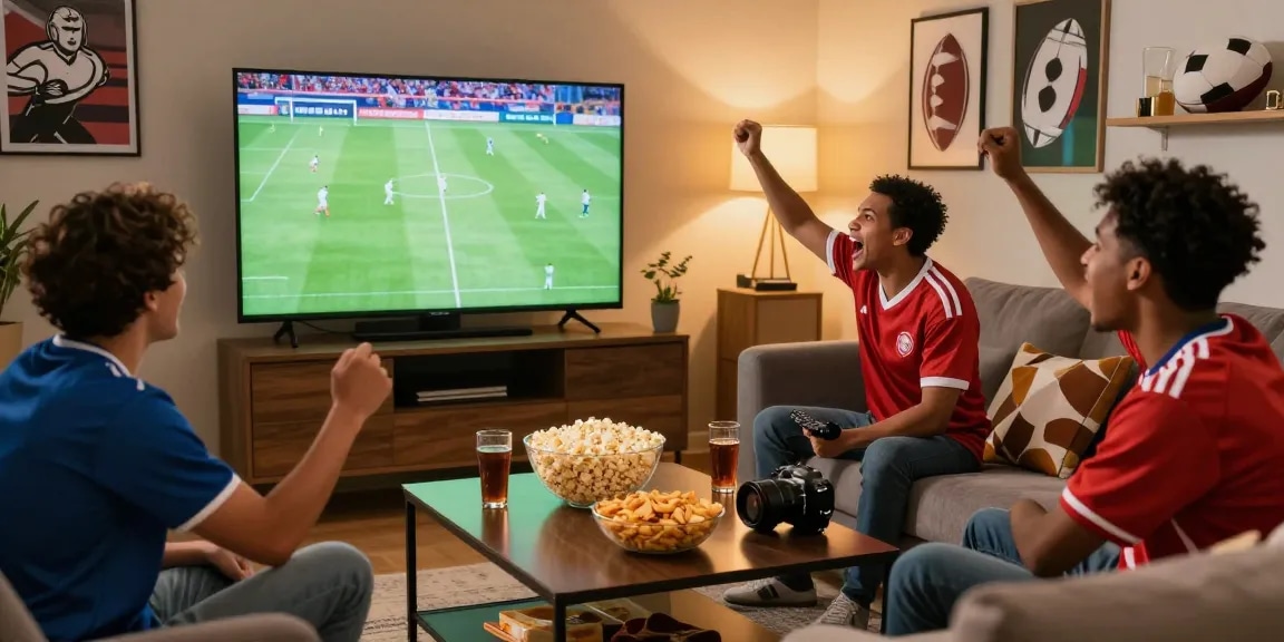 Cà Khịa TV football fans enjoying a live match in a cozy living room.