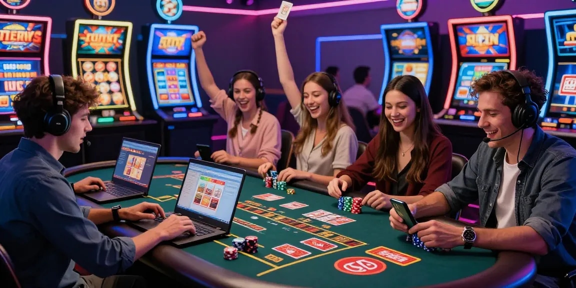 Excited players in vibrant credit card casinos scene, showcasing diverse gaming experiences with laptops and smartphones.