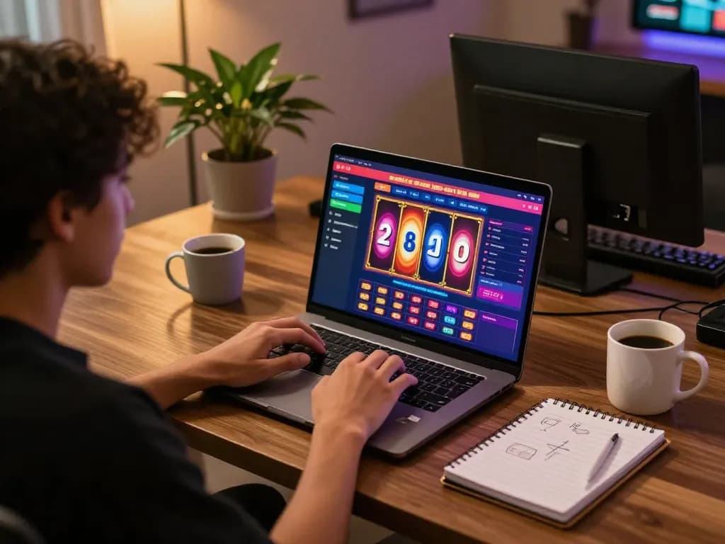 Engaged player enjoying Slot Malaysia games on laptop, showcasing vibrant online casino interface.