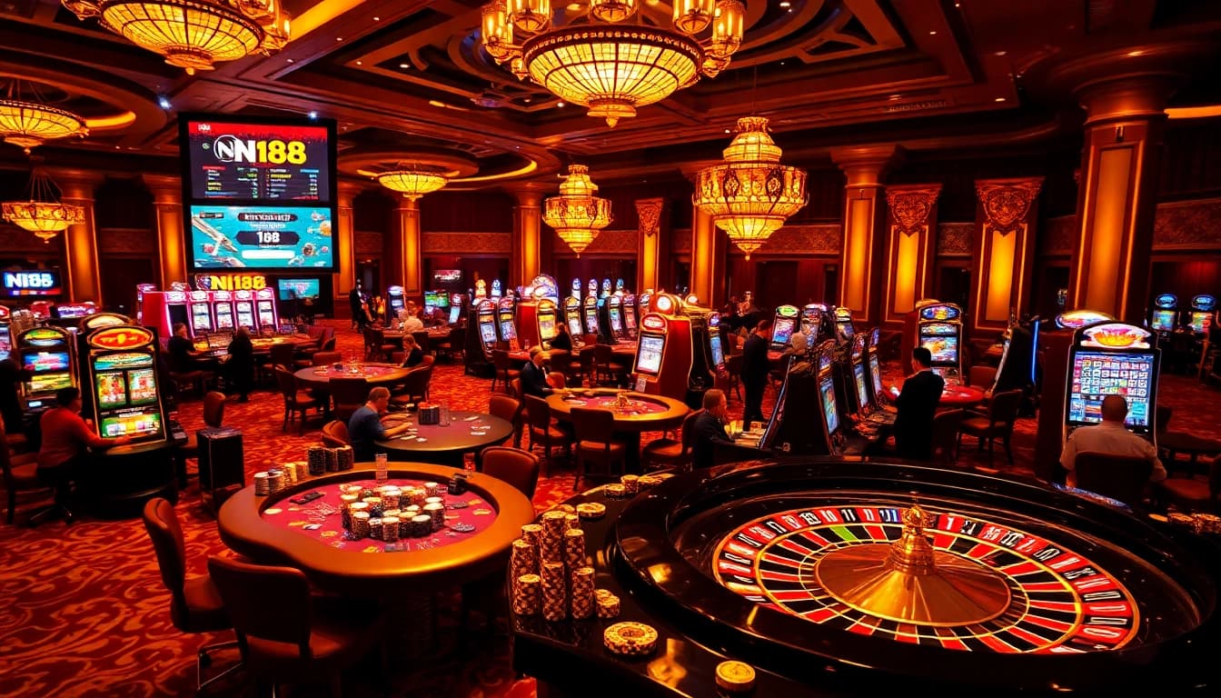 Spark excitement at https://n188.bid/ with vibrant poker chips and a bustling casino atmosphere.