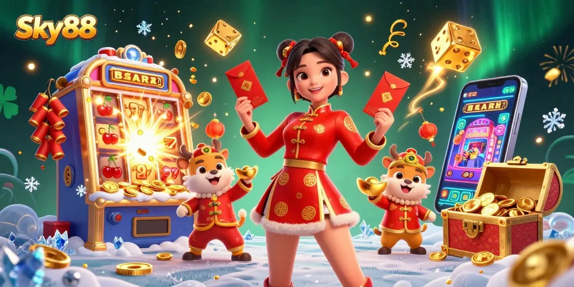 Experience thrilling gameplay at Sky88 with vibrant slot machines and festive Chinese New Year celebration.