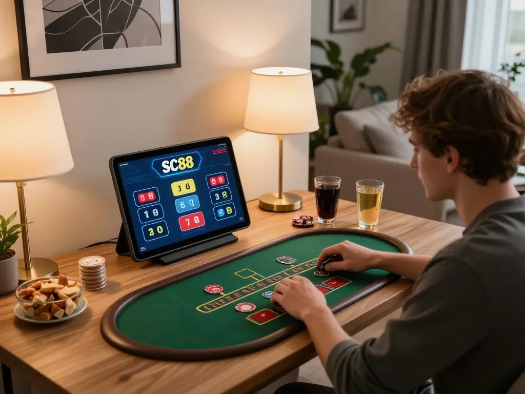 Player using SC88 to engage in live dealer blackjack, showcasing an immersive online gaming experience at home