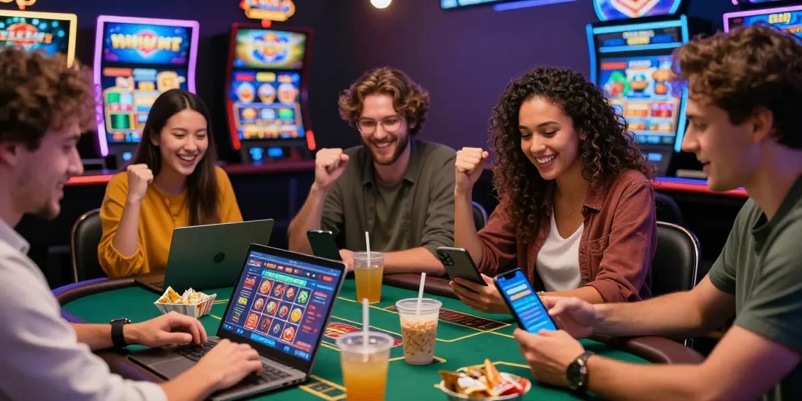 Diverse group enjoying jumpspace credit card casinos while celebrating online gaming wins with vibrant casino interface.