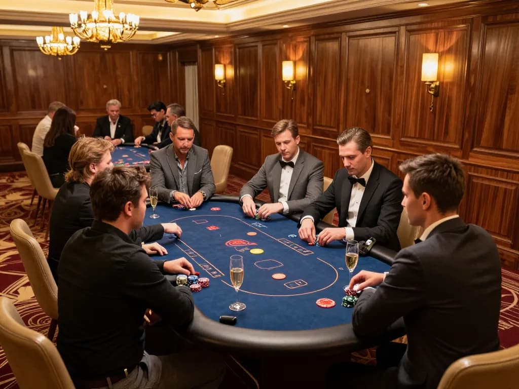 Engage with 58winwin vip players at an exclusive poker table in a luxurious casino.