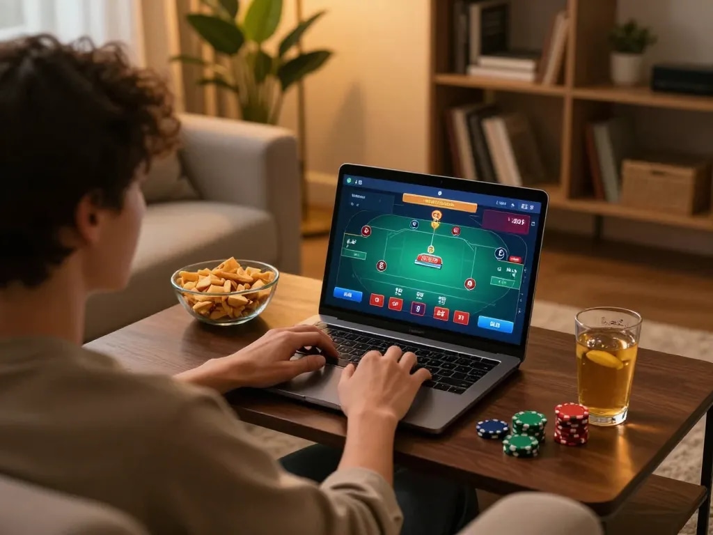 Engage with poker at 789Club in a cozy home setting, showcasing strategic play on a laptop.