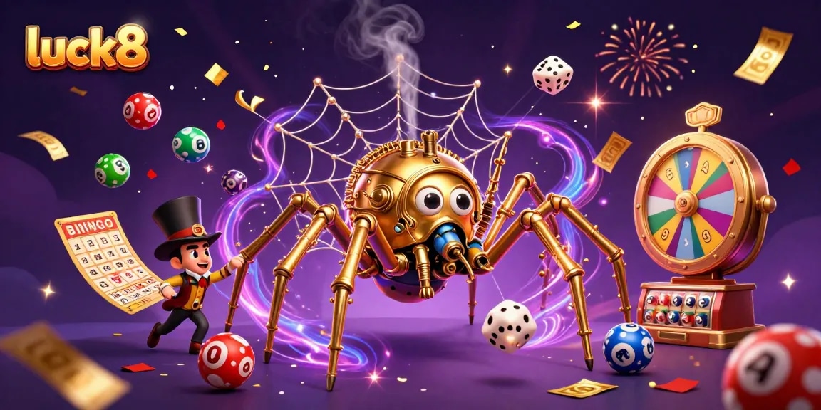 Engage with luck8 in this vibrant illustration featuring steampunk elements and dynamic gaming items.