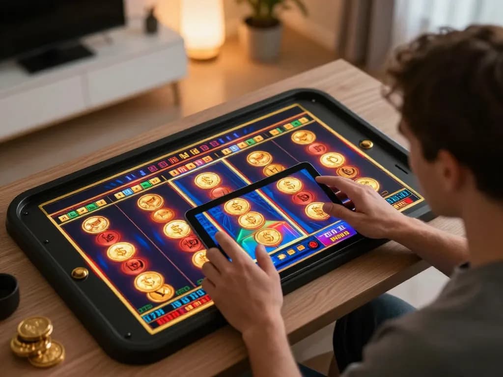 Player engaging in a thrilling slot game on their tablet with fly888, highlighting dynamic online casino action