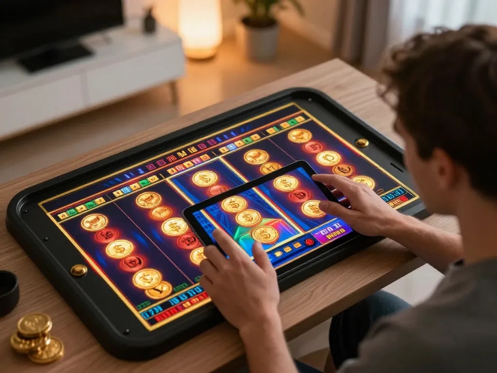 Player engaging in a thrilling slot game on their tablet with fly888, highlighting dynamic online casino action