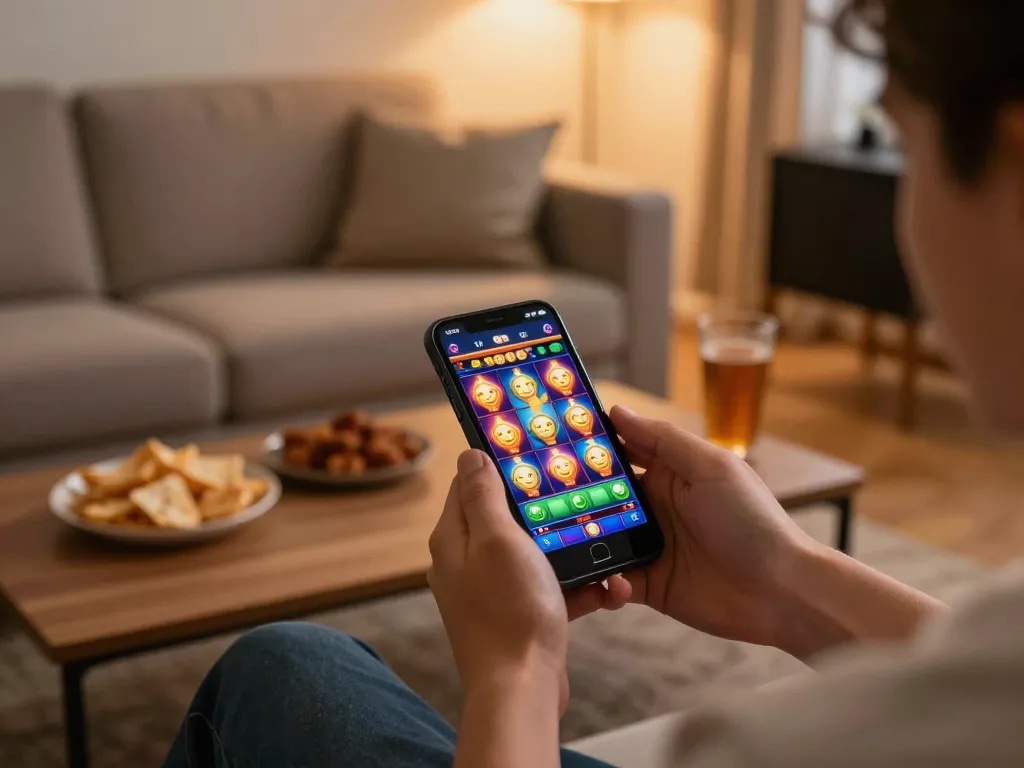 Engaging online gambling scene with person using smartphone for slot games, relating to jaeyongkim's home gaming experience.