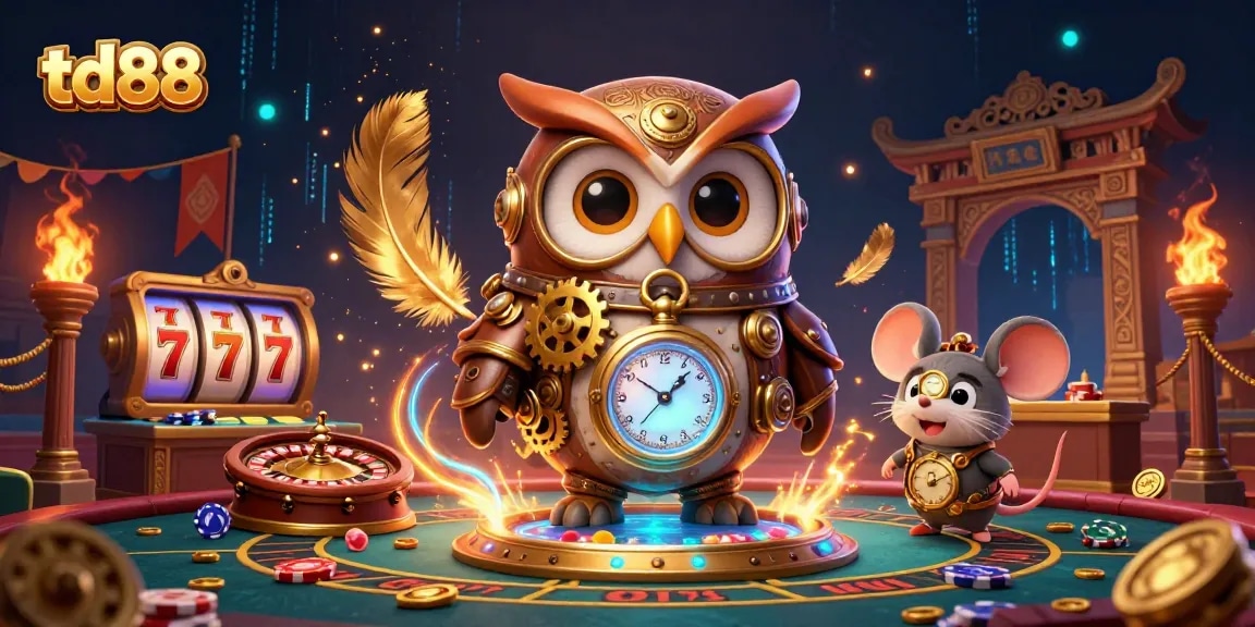 Spin the reels and win big at td88 with a vibrant casino-themed illustration featuring an owl in steampunk gear.