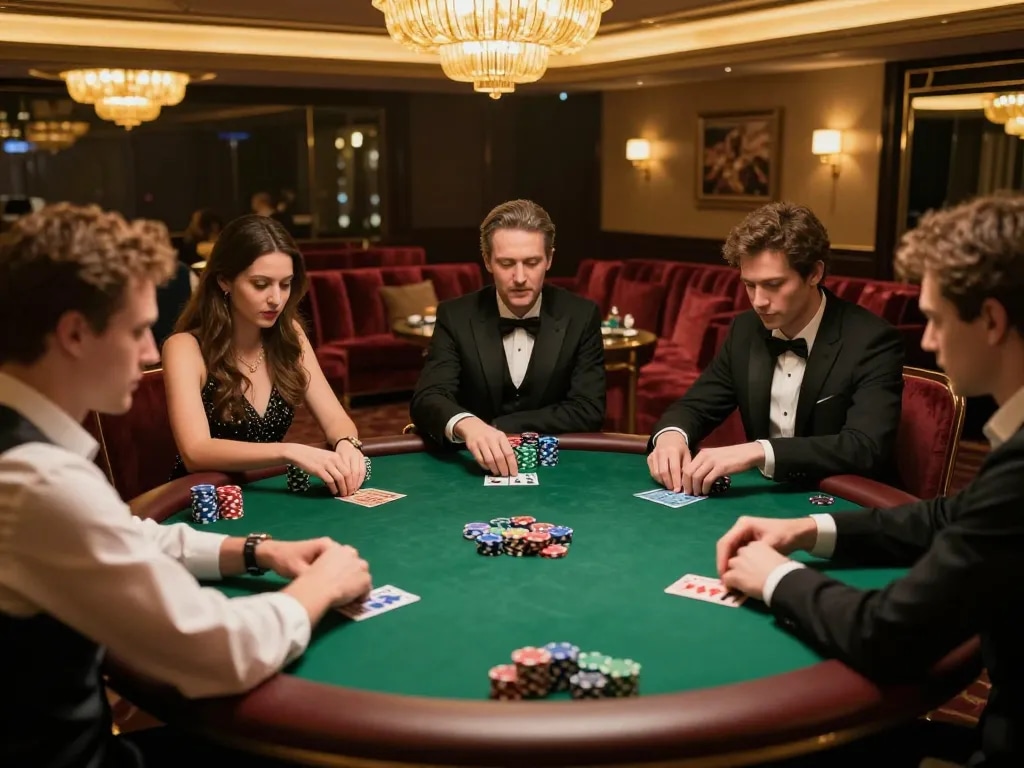 Players engaging in a high-stakes poker game at a private club, showcasing strategy and competition for VA88.