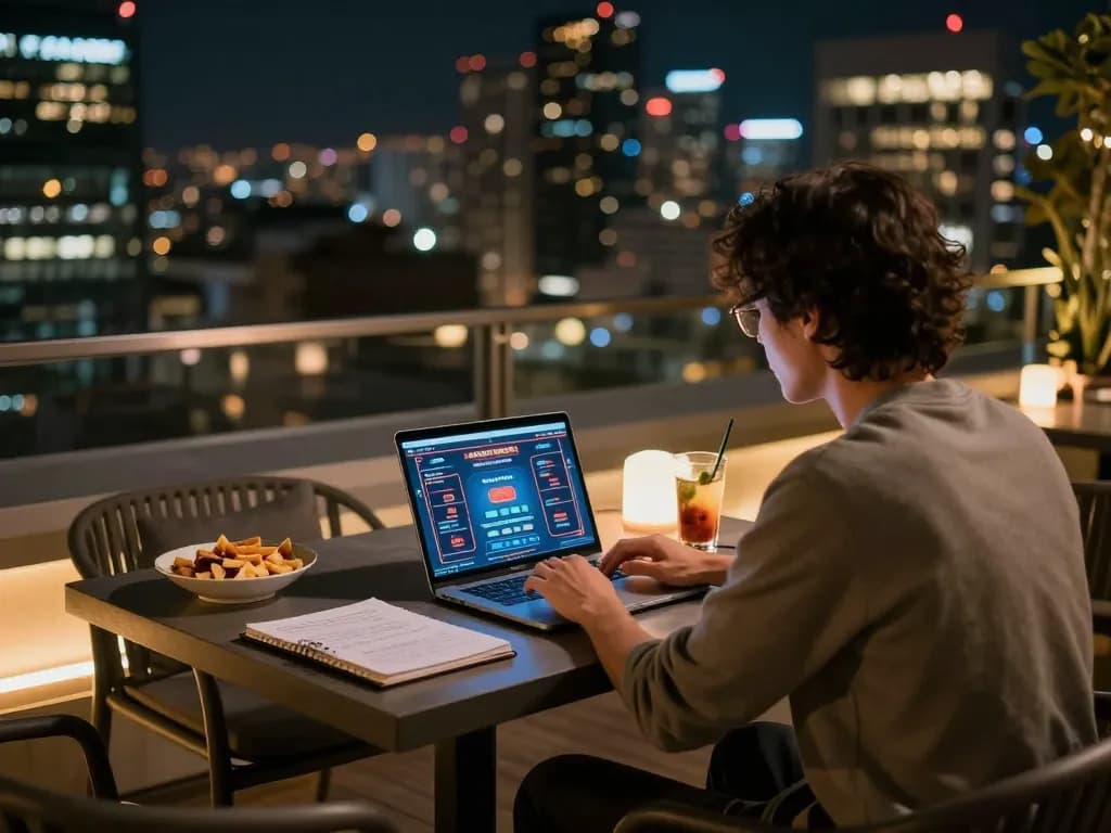 Player engaged in online gaming on ww88 with laptop on a city terrace, showcasing modern lifestyle.