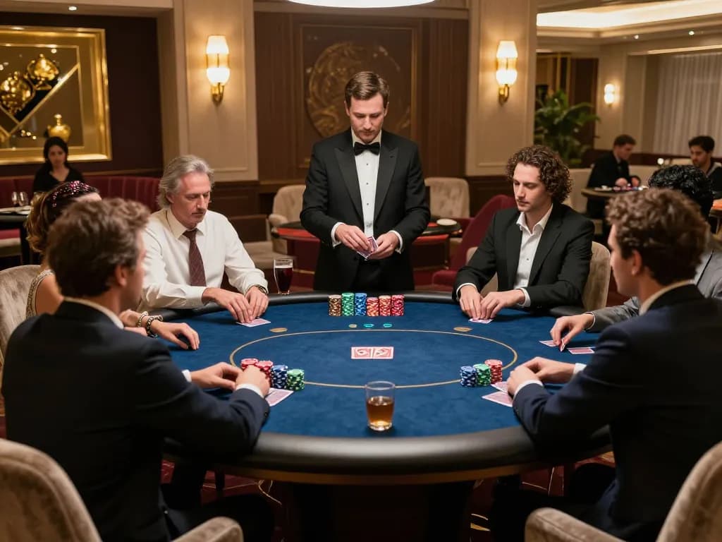 79KING players strategizing in a luxurious poker room, high-stakes game atmosphere