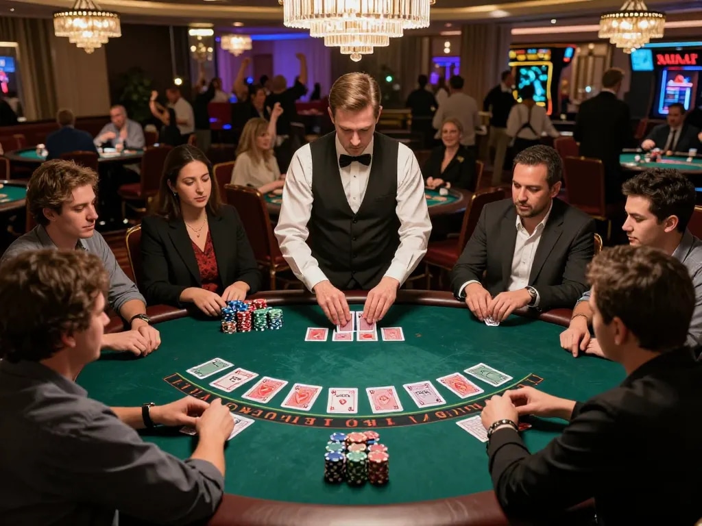 Engage in thrilling blackjack gameplay with link vào U888, surrounded by focused players and warm casino ambiance.