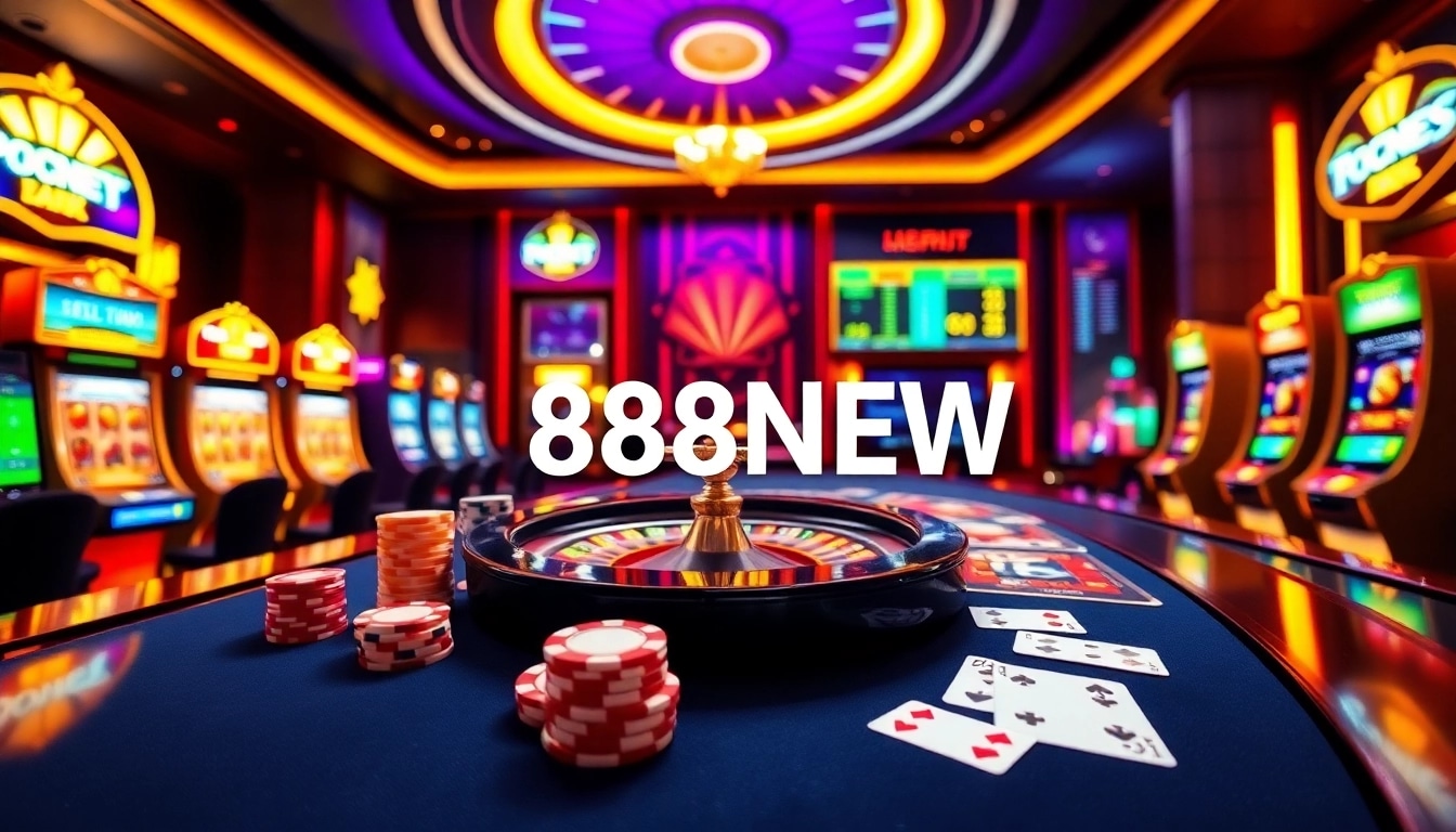 Experience luxury and excitement at 888NEW casino with vibrant poker chips and roulette wheel.
