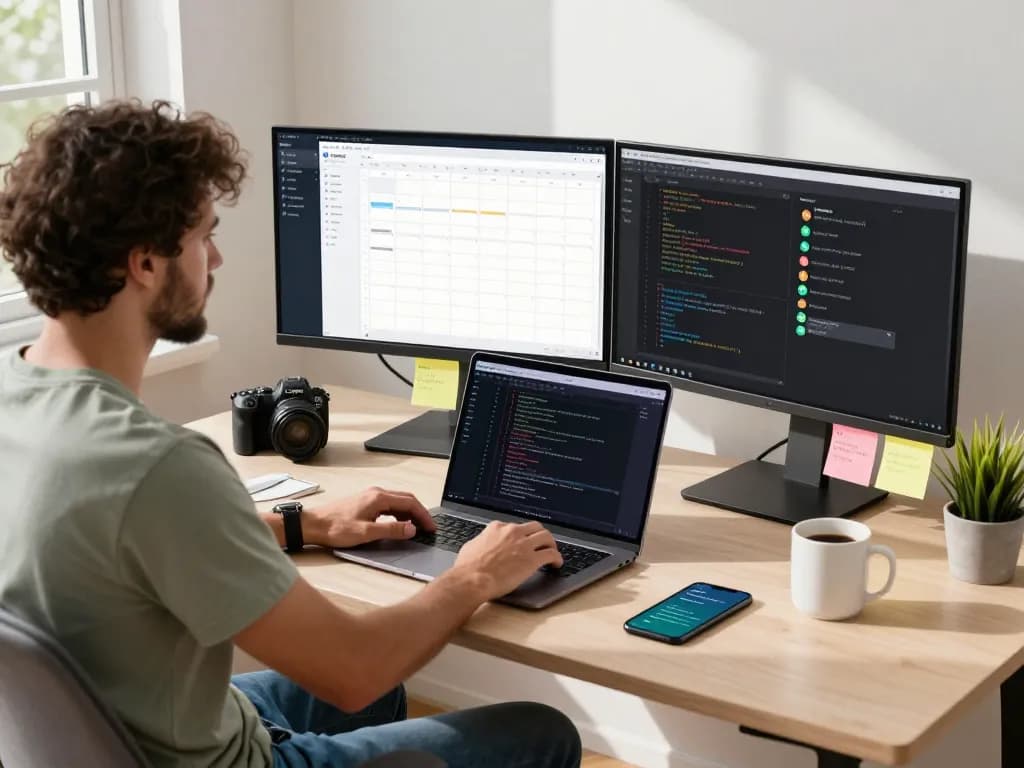 Developer using Moltbot in a modern home office with multiple screens and natural light.