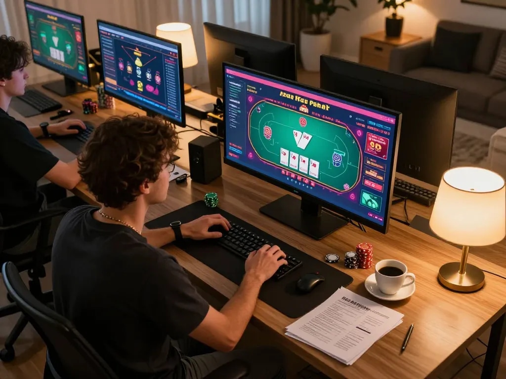 Engaged player strategizing in an online 90P poker game with multiple screens visible.