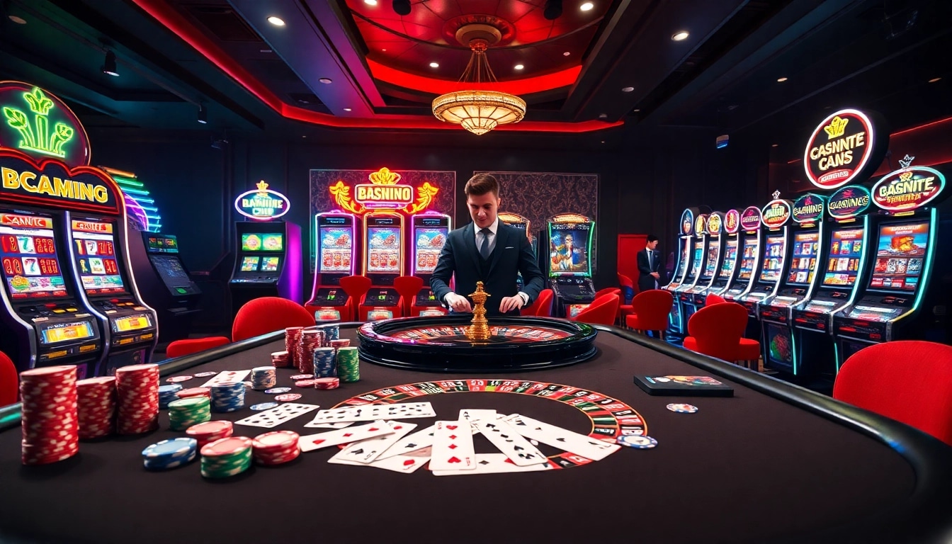 Experience thrilling gameplay at https://winvn.wiki with vibrant casino elements like poker chips and roulette.
