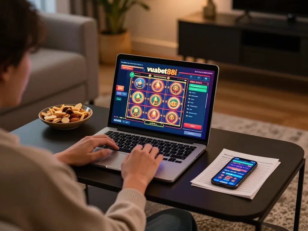 Player enjoying a slot game experience on vuabet88i's online casino interface at home.