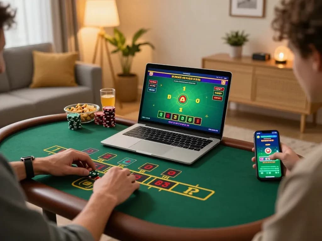 Engaging in online gambling with luck8 at home, showcasing a live blackjack game on a laptop.