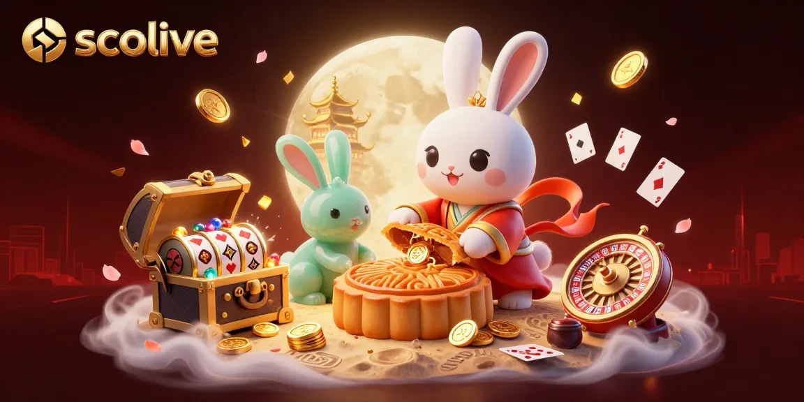 Socolive features a vibrant 3D illustration of a moon rabbit revealing poker chips while surrounded by vibrant casino elements.