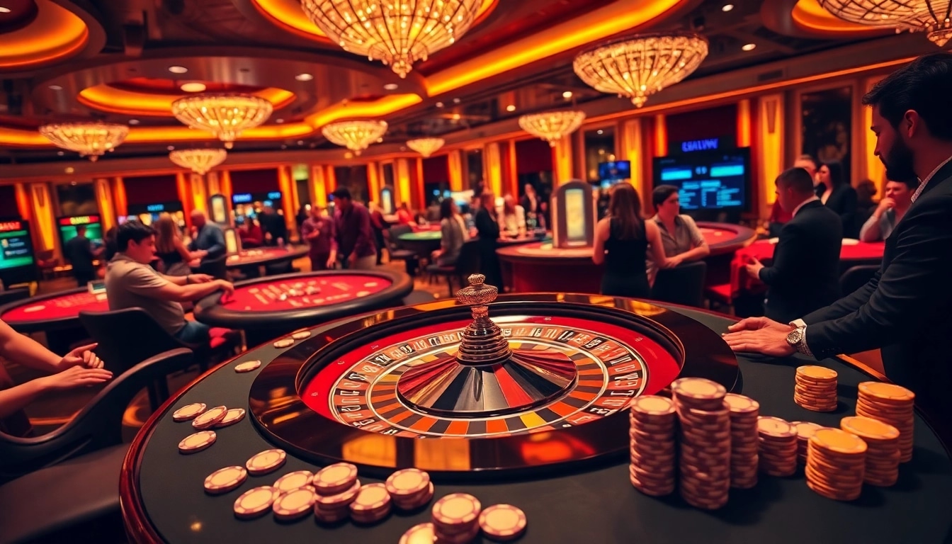 Players enjoying casino excitement with 789WIN at the roulette wheel and poker tables.