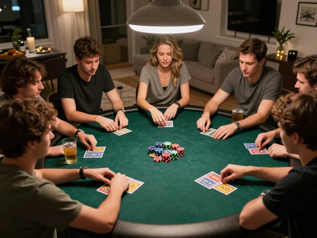 Exciting poker game night scene showing players strategizing with O8 HAIR products around a table