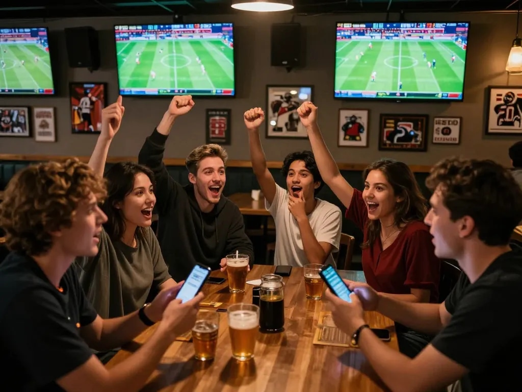 Excited patrons cheering during live football matches while placing sports bets, showcasing ทีเด็ดผลบอล gameplay.