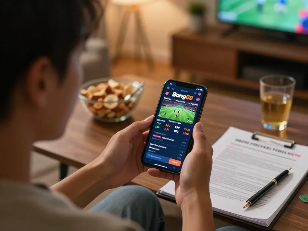 Bong88 user engaging with sports betting app on smartphone, creating a focused online gaming atmosphere.