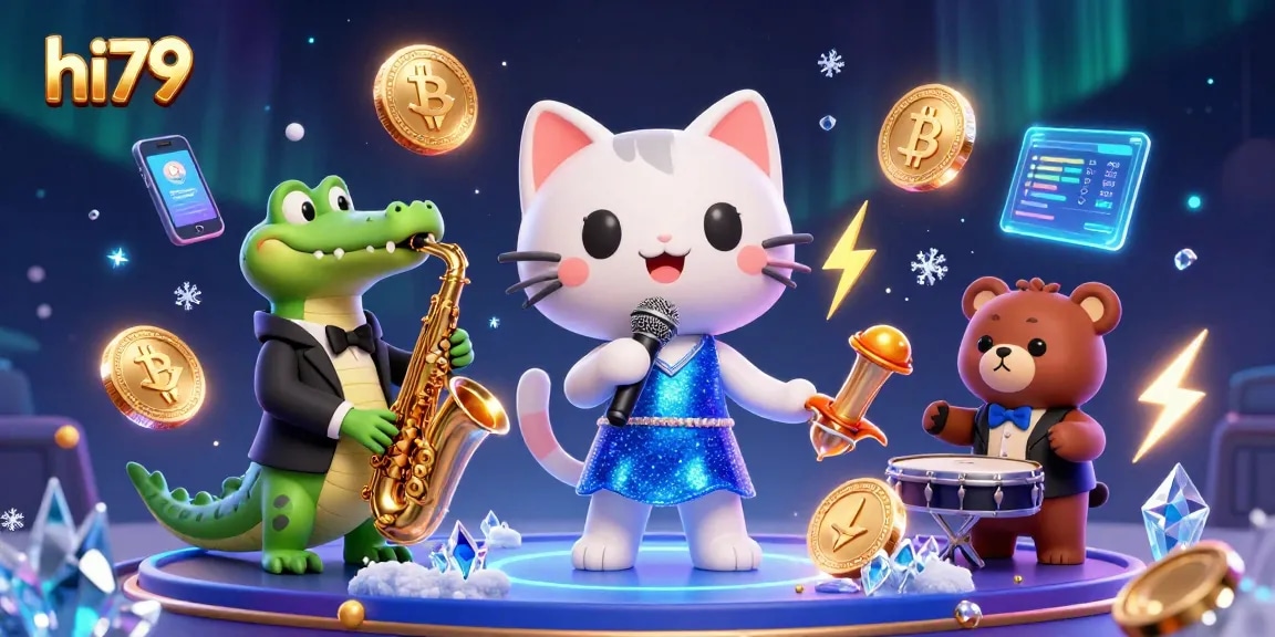 Experience the vibrant hi79 casino ambiance with jazz-singer cat and colorful crypto elements.