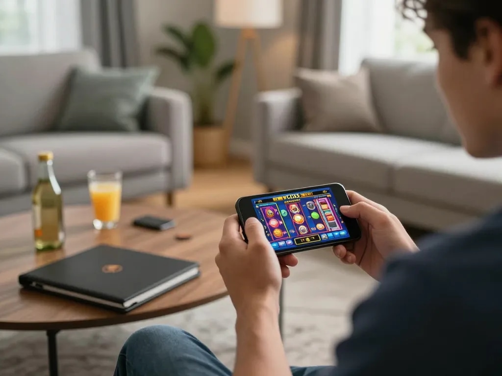Engaging online gaming experience at HIT CLUB with vibrant slots on smartphone in a cozy home setting.