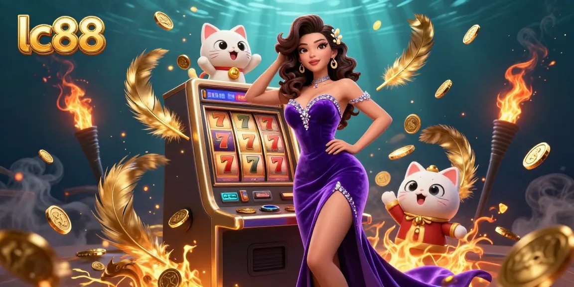 Experience excitement at lc88 with a glamorous woman beside a jackpot slot machine and a waving fortune cat.